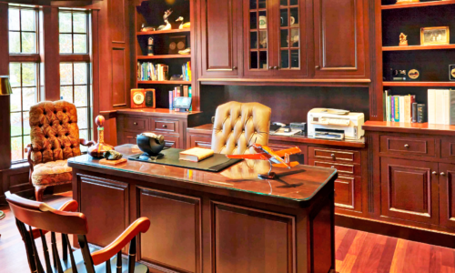 Home study with mahogany cabinets
